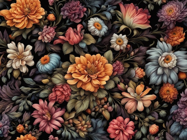 ein Strauß bunter Blumen auf schwarzem Hintergrund, Tapete mit dunklem Blumenmuster, komplizierte Blumenmuster d