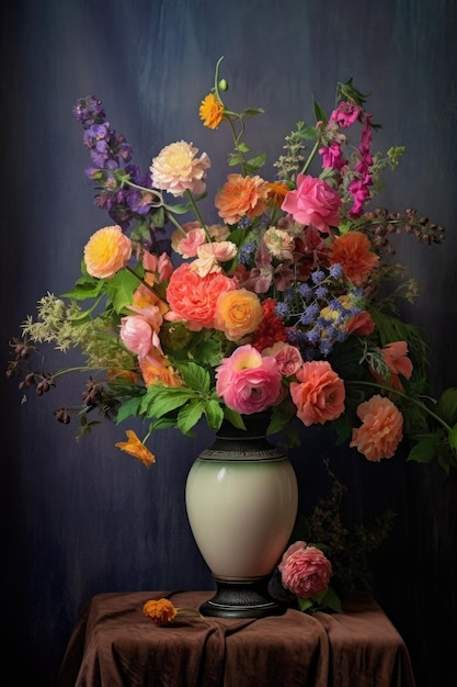 Ein Strauß bunter Blumen in einer Vase auf einem Tisch, erstellt mit generativer KI
