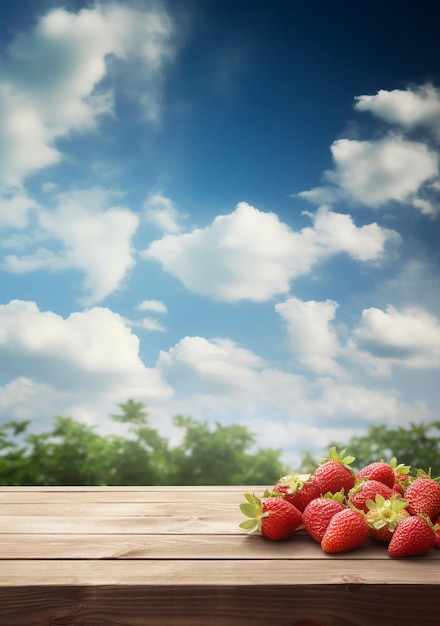 Ein Strauß Erdbeeren auf einem Tisch mit blauem Himmel im Hintergrund.