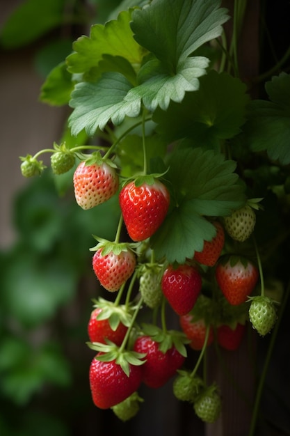 Ein Strauß Erdbeeren hängt an einer Rebe