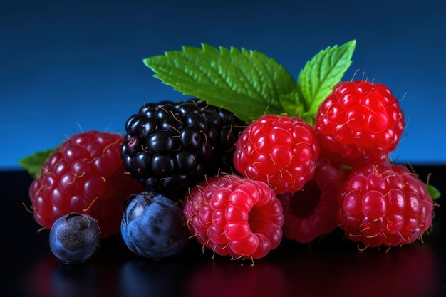 Ein Strauß Himbeeren und Blaubeeren auf blauem Hintergrund