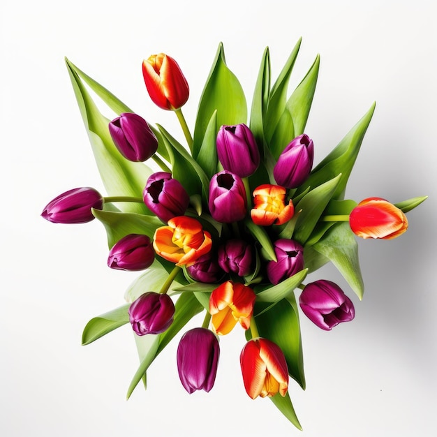 Ein Strauß lila und orangefarbener Tulpen mit grünen Blättern.