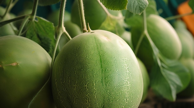 Ein Strauß Melonen hängt an einem Baum.