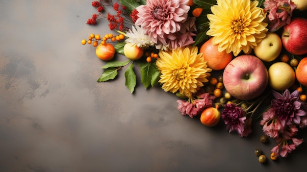 Ein Strauß Obst und Blumen auf einem Tisch, Herbst-Thanksgiving-Dekor, digitales Bild