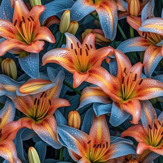 Ein Strauß orangefarbener und roter Lilien mit Regentropfen darauf.