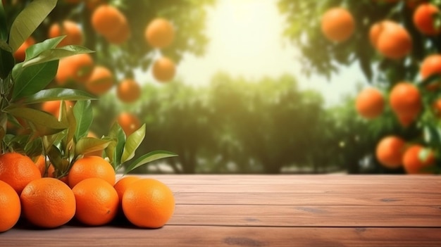 Ein Strauß Orangen liegt auf einem Holztisch, während die Sonne durch die Bäume scheint.