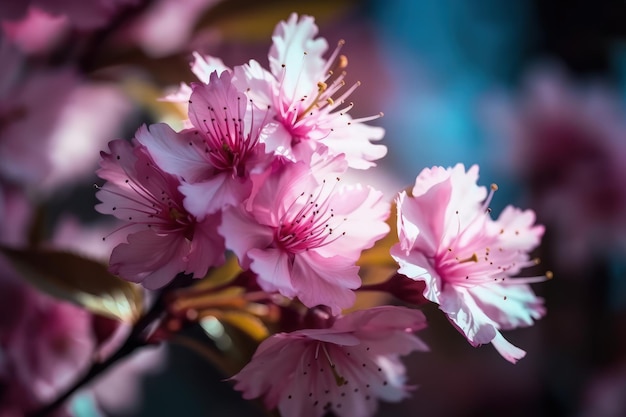 Ein Strauß rosa Blumen, die sich auf einem Zweig der generativen KI befinden