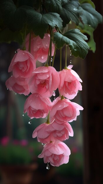Ein Strauß rosa Blumen hängt an einem Baum