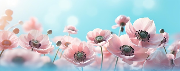 ein Strauß rosa Blumen mit blauem Hintergrund