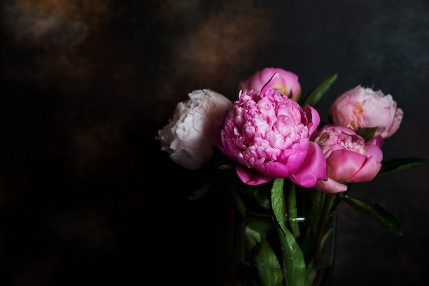 Ein Strauß rosa Pfingstrosen steht auf einem dunklen Hintergrund. Kreatives Bild für Tapete und Interieur.