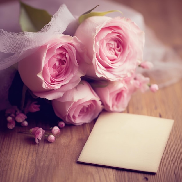 Ein Strauß rosa Rosen liegt neben einer Karte und einer Karte.