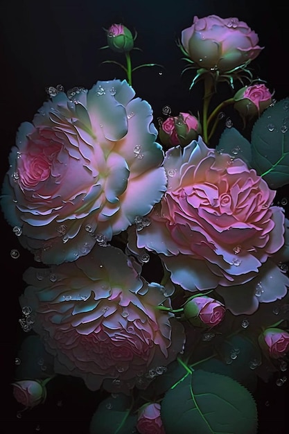 Ein Strauß rosa Rosen sitzt auf einem Tisch. Generative KI