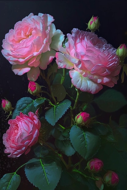 Ein Strauß rosa Rosen sitzt auf einem Tisch. Generative KI