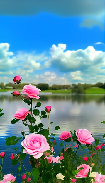 Ein Strauß rosa Rosen sitzt neben einem Gewässer mit generativer KI
