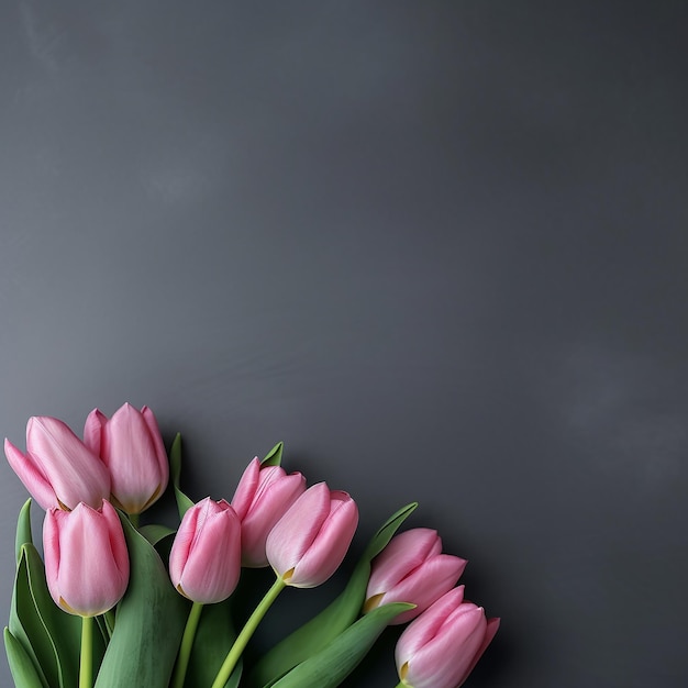 Ein Strauß rosa Tulpen steht auf einem dunklen Hintergrund.