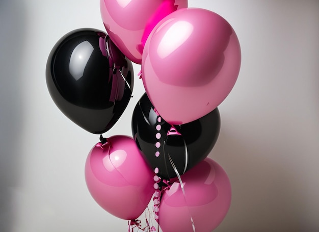 Ein Strauß rosa und schwarzer Luftballons mit einem Band mit der Aufschrift „Alles Gute zum Geburtstag“.