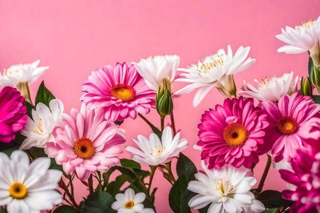 Ein Strauß rosa und weißer Blumen mit dem Wort Daisy auf der Unterseite