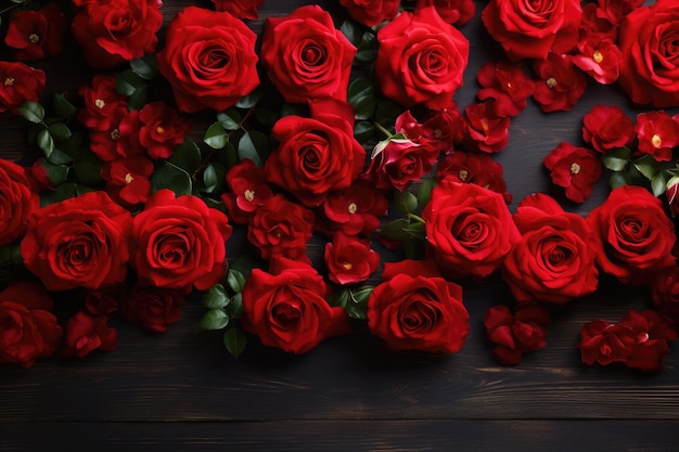 Ein Strauß roter Rosen mit einem Strauß grüner Blätter auf einem hölzernen Hintergrund.