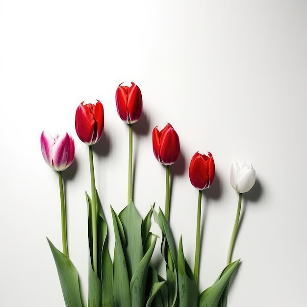 Ein Strauß roter und weißer Tulpen steht auf weißem Hintergrund.