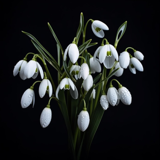 Ein Strauß Schneeglöckchen steht in einer Vase mit Wassertropfen darauf.