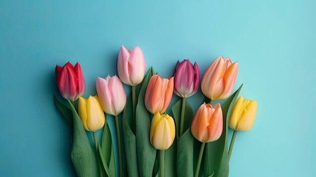 Ein Strauß Tulpen auf blauem Grund