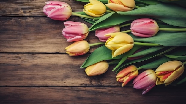 Ein Strauß Tulpen auf einem Holztisch mit dem Text „Frühling“ darauf.