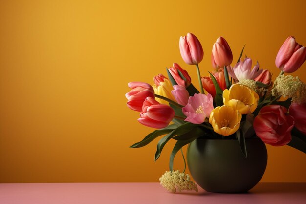Ein Strauß Tulpen auf einem rosa Hintergrund