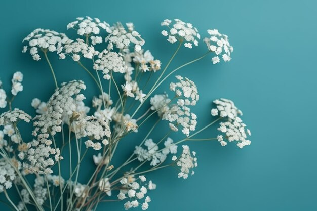 Ein Strauß weißer Blumen auf blauem Hintergrund
