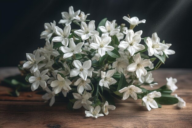 Ein Strauß weißer Blumen auf einem Holztisch