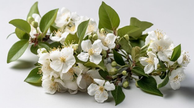 Ein Strauß weißer Blumen mit grünen Blättern auf weißem Hintergrund