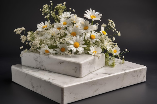 Ein Strauß weißer Blumen sitzt auf einem Marmorblock mit generativer KI