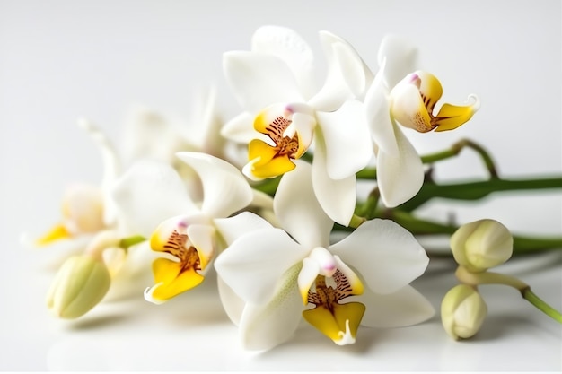 Ein Strauß weißer Orchideen mit gelben Blüten