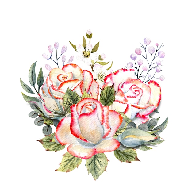 Ein Strauß weißer Rosen mit rosa Rand, Blättern, Beeren, dekorativen Zweigen. Aquarellillustrationen zur Gestaltung von Grußkarten, Einladungen etc.
