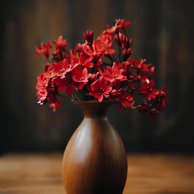 Ein Strauß wunderschöner roter Blumen in einer Vase auf einem hölzernen Hintergrund mit floraler Blütenillustration