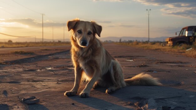 Ein streunender Hund auf dem Land, ein süßes, obdachloses Tier, ein verlorenes, hungriges Haustier.