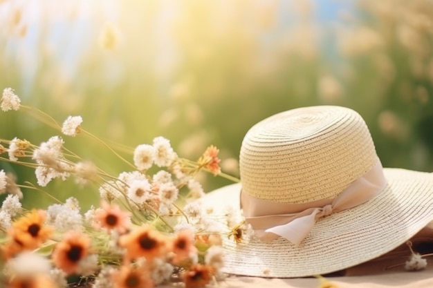 Foto ein strohhut liegt zwischen sommerblumen auf einem feld. das konzept erinnert an einen entspannten sonnigen tag im freien.