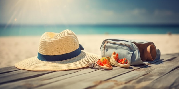 Foto ein strohhut und eine tasche am strand