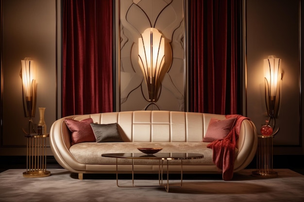 Ein stromlinienförmiges Art-Deco-Sofa mit Satinkissen in einer luxuriösen Lounge