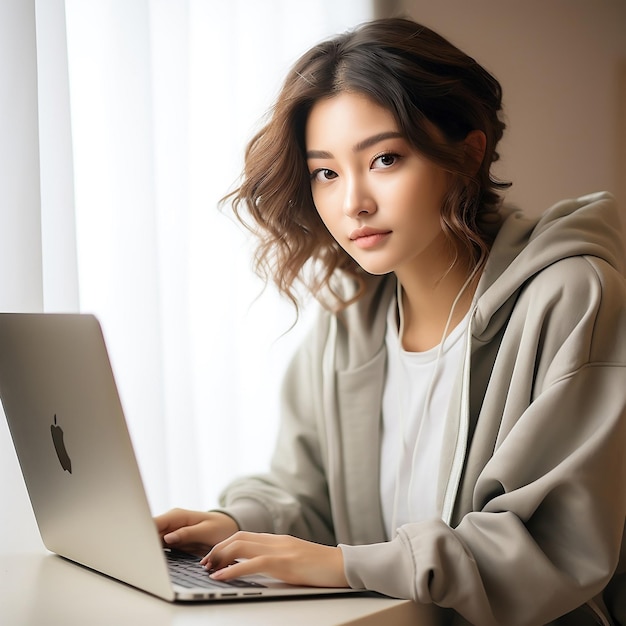 ein Student, der einen Laptop hält, asiatische Frau