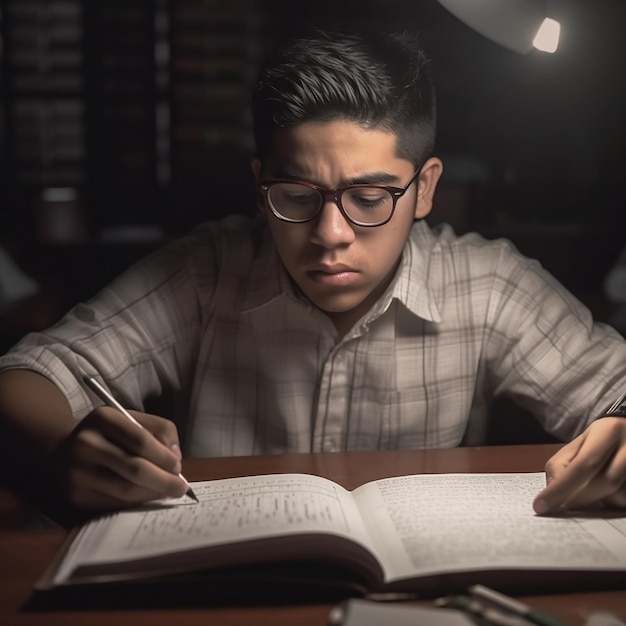 Ein Student lernt in einem dunklen Raum mit einer Lampe auf dem Tisch.