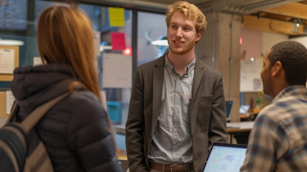 Foto ein student präsentiert stolz sein prototyp vor einer kleinen gruppe von investoren und mentoren in