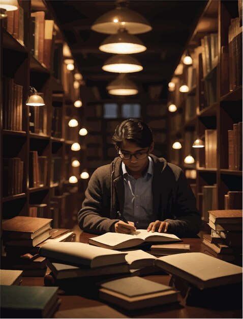 Ein Student, umgeben von Büchern, macht sich in einer schwach beleuchteten Bibliothek Notizen