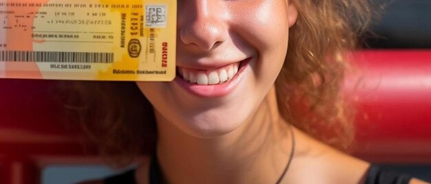Foto ein studentenmädchen hält in den händen ein billiges euro-ticket für alle verkehrsmittel in deutschland