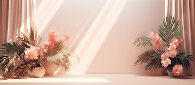 Ein Studiohintergrund mit einem weißen, leeren Raum und Schatten von Fensterblumen und Palmblättern