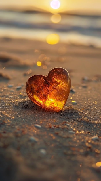 Ein Stück Bernstein in Form eines Herzens liegt auf einem Sandstrand, der im sanften Sonnenlicht gebadet wird, während ich