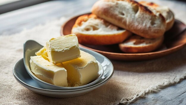 Ein Stück Butter wird auf einem Holzbrett in Stücke geschnitten