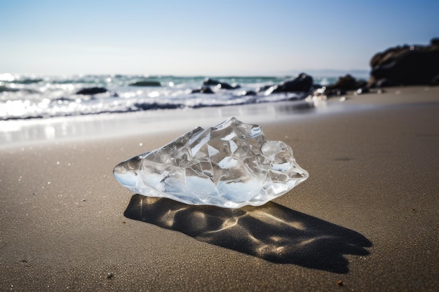 Ein Stück Eis am Strand mit dem Wasser im Hintergrund