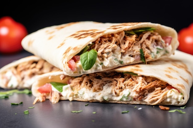 Ein Stück Fladenbrot, gefüllt mit Shawarma-Füllungen, bereit zum Ausrollen