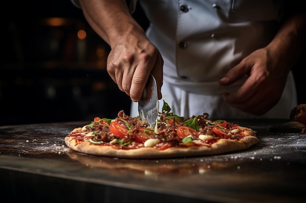 Ein Stück Fleischpizza wird gegen einen malerischen Sonnenuntergang gehalten