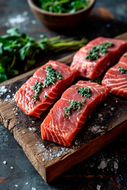 Ein Stück frischer roter Fisch mit Gewürzen Selektiver Fokus